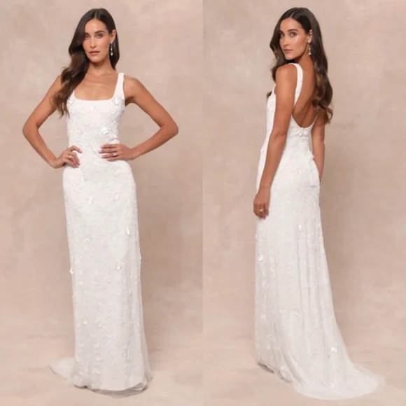 Lulus Dresses & Skirts - Lulus Extraordinary Glamour White 3D Floral Beaded Backless Maxi Dress Size L